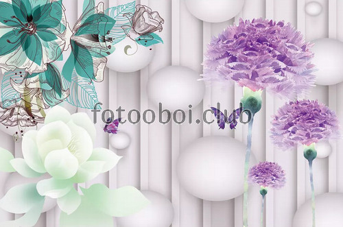 цветы, шары, бабочки, абстракция, 3д, 3d